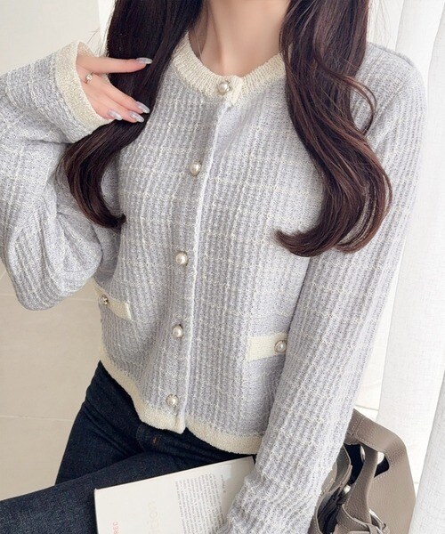 mily bilet】甘さに恋して、気品きらり♪ツイードニットパールボタン