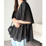 ふんわり、華奢見え。シャーリング切替フレアスリーブシアーブラウス 