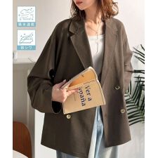 【UVカット、防シワ、接触冷感、吸水速乾機能付き】ビックシルエット金ボタンダブルジャケット