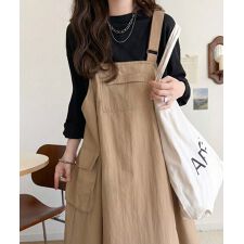 《JaVaジャバコラボ》フロントポケット付きナイロン100%ワッシャー素材ジャンパースカート