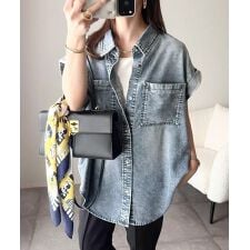 羽織るだけで垢抜け確実♪華奢見え抜群 フレンチスリーブデニムシャツ（半袖）