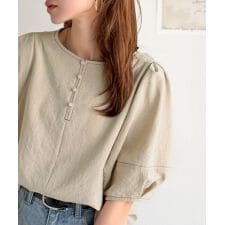 【UVカット、接触冷感、吸水速乾、防シワ機能付き】配色ステッチランタンスリーブブラウス