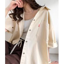 《JaVaジャバコラボ》大人カジュアル♪綿100％ライトオンスデニム素材袖ロールアップシャツ（半袖）