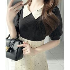 【mily bilet】待望の半袖ver.登場！ドット柄配色切り替えドッキングワンピース（ロング丈）