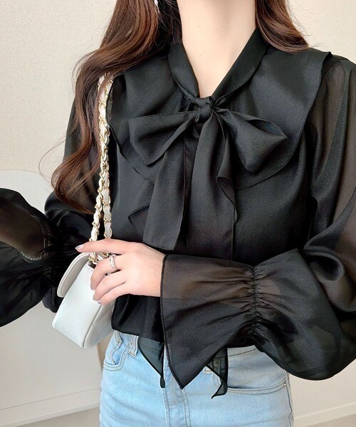 【mily bilet】シャイニーシアーオーガンジーボウタイリボンブラウス（長袖）