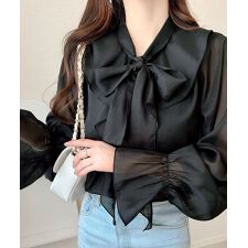 【mily bilet】シャイニーシアーオーガンジーボウタイリボンブラウス（長袖）