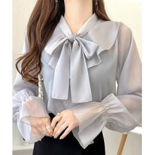 【mily bilet】シャイニーシアーオーガンジーボウタイリボンブラウス（長袖）