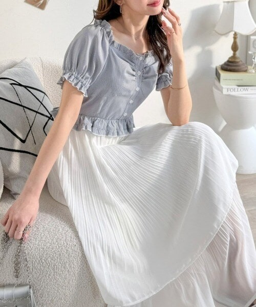 【mily bilet】パフスリーブブラウス×プリーツスカートドッキングワンピース (ロング丈)