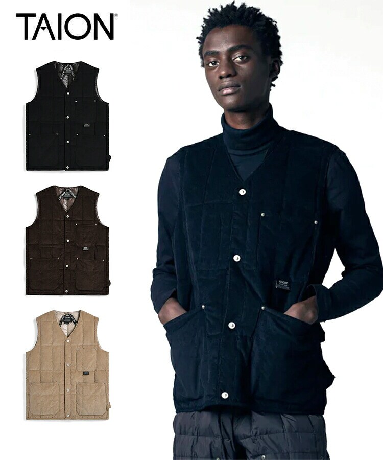 TAION】ワーク Vネックボタン コーデュロイ×ダウンベスト 3カラー
