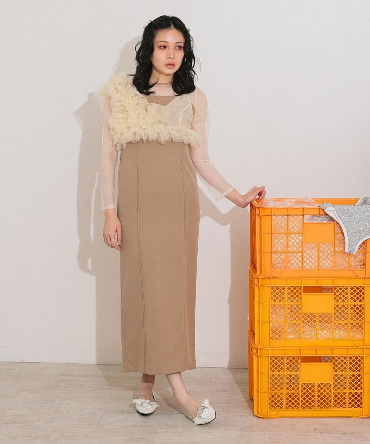 【美品】ANDRESD アンドレスド フロッキードットワンピース ベージュ M ANDRESD】フロッキードットドレス | アンドレスド(ANDRESD