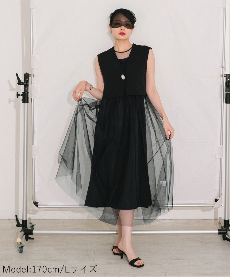 Leja 花柄総レースパフスリーブウエストリボンキャミワンピースセットアップ Leja（レジャ）の「【LEJA】花柄総レースパフスリーブウエスト