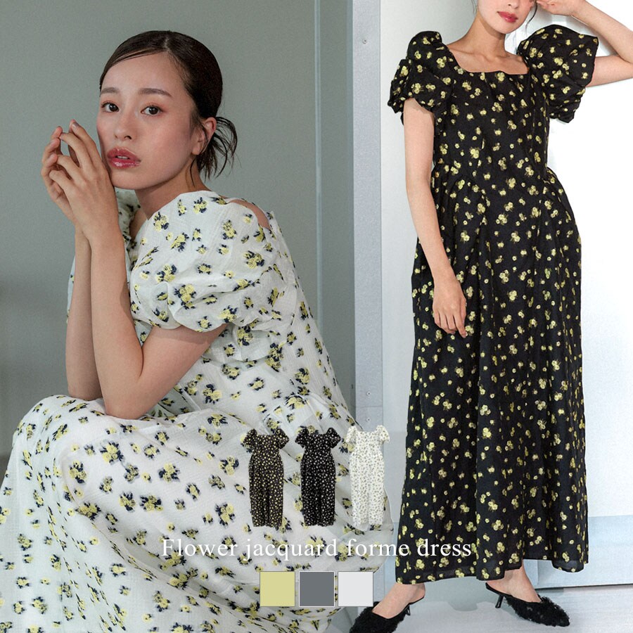 ANDRESD フラワープリント パフスリーブドレス M ANDRESD】flower jacquard forme dress | アンドレスド(ANDRESD