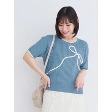 5分袖リボン刺繍トップス