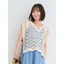 透かし編みサイドリボンベスト