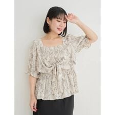 【WEB限定】花柄シャーリングリボンブラウス