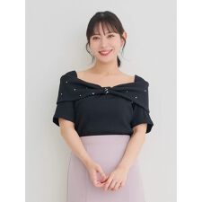ビジュー付きリボンオフショルトップス