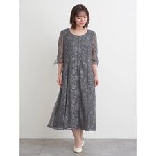 フラワー刺繍袖リボンドレス