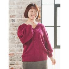 ケーブル編みVネックオフショルニットトップス