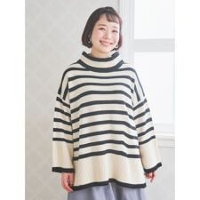 プチハイネックゆるニットトップス（無地・ボーダー柄）