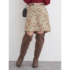 ベルト付きゴブラン花柄ミニスカート