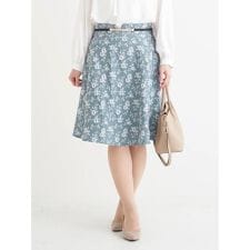 ベルト付き花柄ジャガードフレアスカート