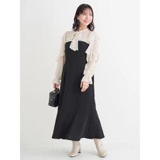 【WEB限定】フリルボウタイブラウスドッキングワンピース（花柄・ドット柄）