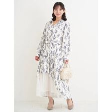 裾チュールアシメ切り替え花柄シャツワンピース