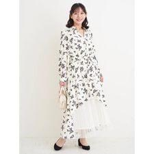 裾チュールアシメ切り替え花柄シャツワンピース