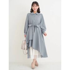 裾チュールアシメ切り替えシャツワンピース
