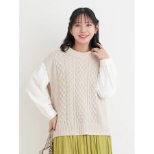 [SET]ケーブルニットベスト×バンドカラーシャツ