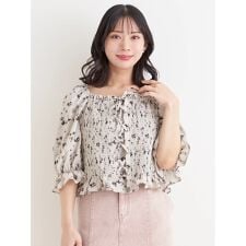 花柄シャーリングレースアップブラウス