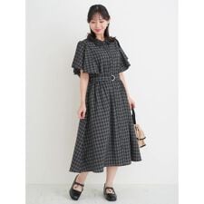 レース襟フレアスリーブチェック柄シャツワンピース