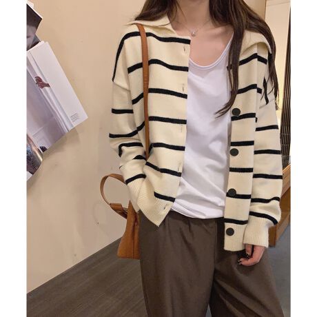 ビッグカラーボーダーニットカーディガン | ジュエローブ  