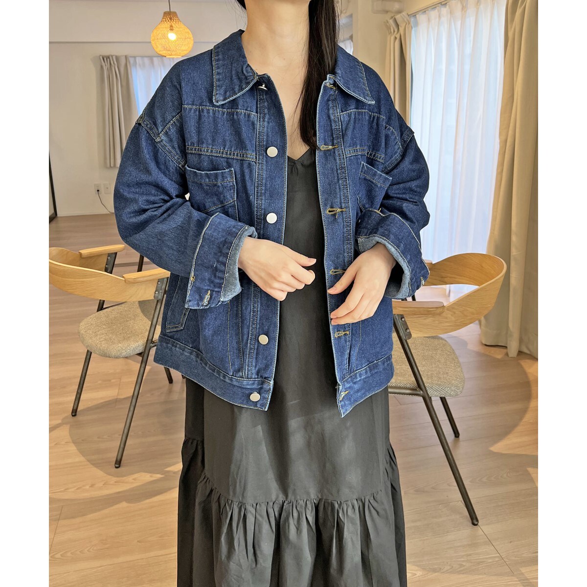 配色ステッチデニムジャケット×スカートセットアップ