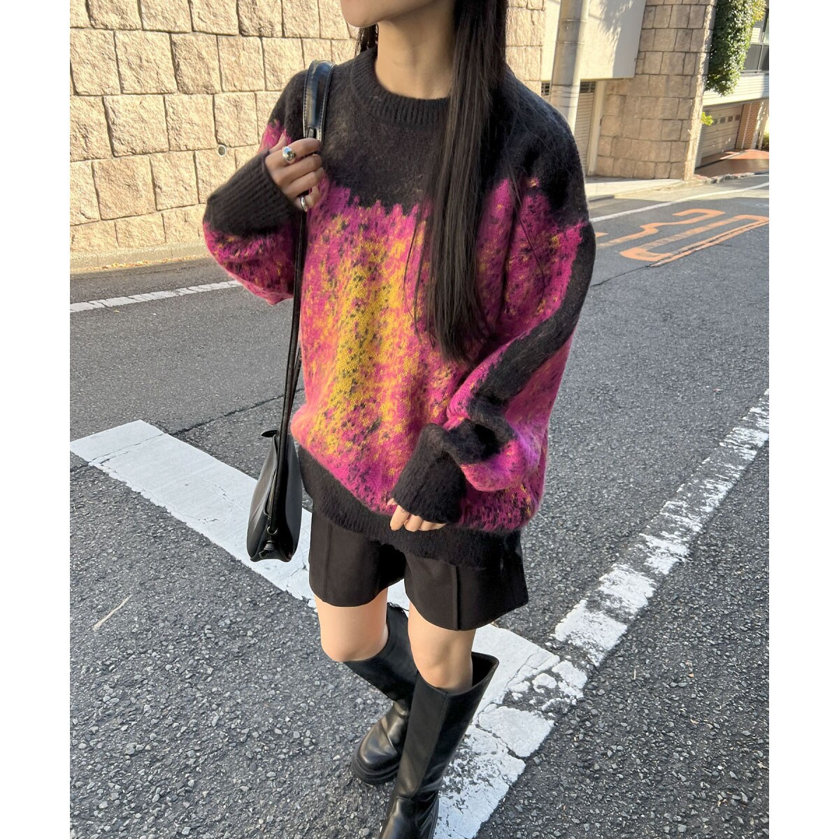ジュエローブ Jewelobe モヘアタッチグラデーションモザイクージャガードニット （グレー） ジュエローブ Jewelobe モヘアタッチグラデーションモザイクー