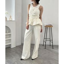 ホルターバルーンペプラムトップス×ワイドパンツセットアップ