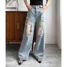 レースカバードダメージワイドデニムパンツ