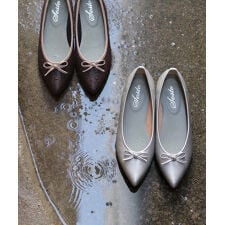 ポインテッドトゥのリボン付きローヒールレインパンプス/レインシューズ