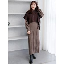 シャツベストレイヤードプリーツニットワンピース