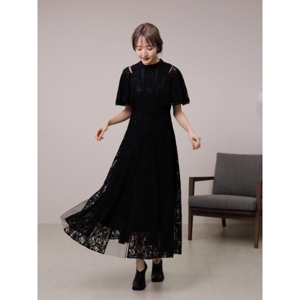チュール切替フリルレースドレス