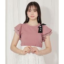 ビジューリボン付き袖フリルプルオーバー