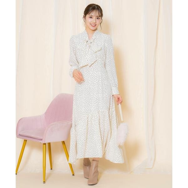 美品 ローズティアラ ロングワンピース サイズ36 水玉 ドット柄ウエストリボン 美品 ローズティアラ ロングワンピース サイズ36 水玉 ドット柄