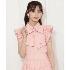 刺繍入りボウタイストライプブラウス