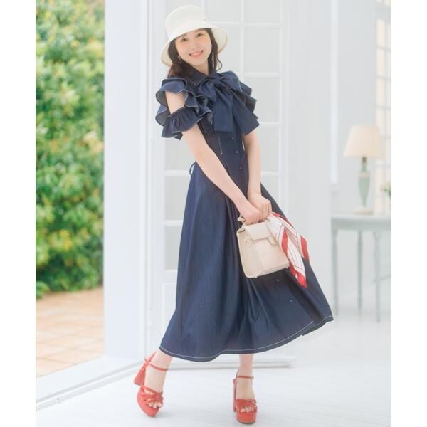 LANVIN en Bleu シャドーチェックオープンショルダーワンピース