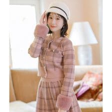 チェック柄ファーカフスカーディガン