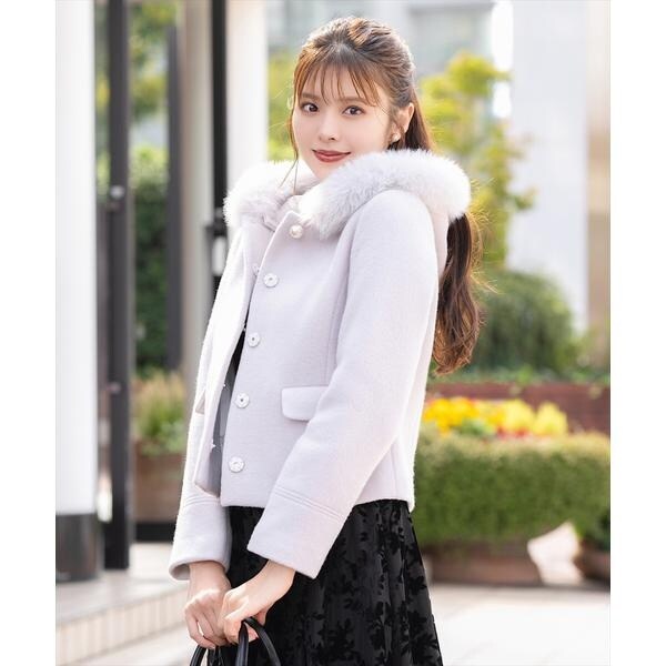 Swingle【昨季新品】FOXファー付フードショートウールコート FOXファー付フードショートウールコート | スウィングル(SWINGLE