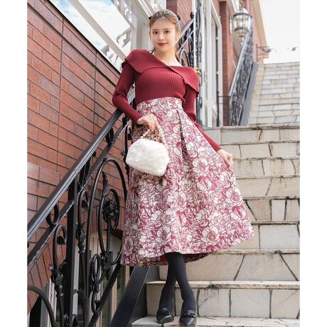 IENA フラワージャガードフレアスカート◇ フラワー刺繍タックフレア  