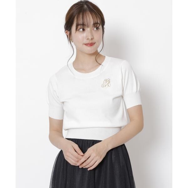 Swingle ブローチ付きオフショルラメニットプルオーバー SWINGLE｜セレクトモチーフブローチ付きオフショルラメニット