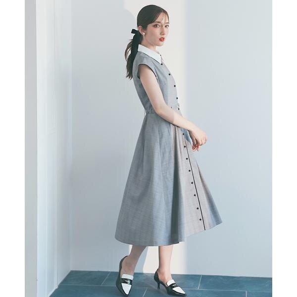 【今期新作】白襟バイカラーデザインベルテッドワンピース ネイビー swingle スウィングル SWINGLE 白襟バイカラーデザインベルテッド