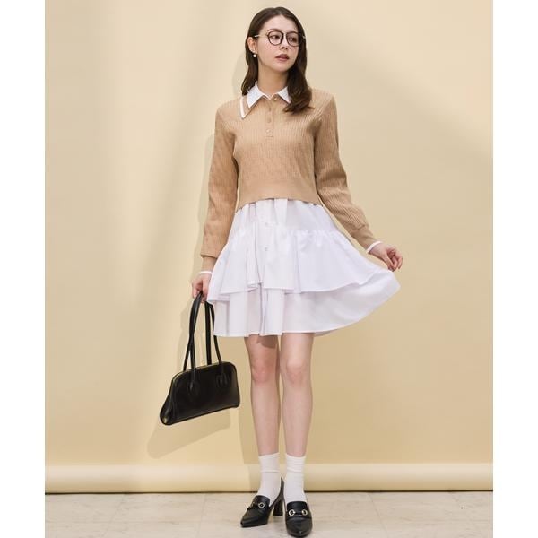 バイカラー衿パイピングフレンチスリーブシャツワンピース